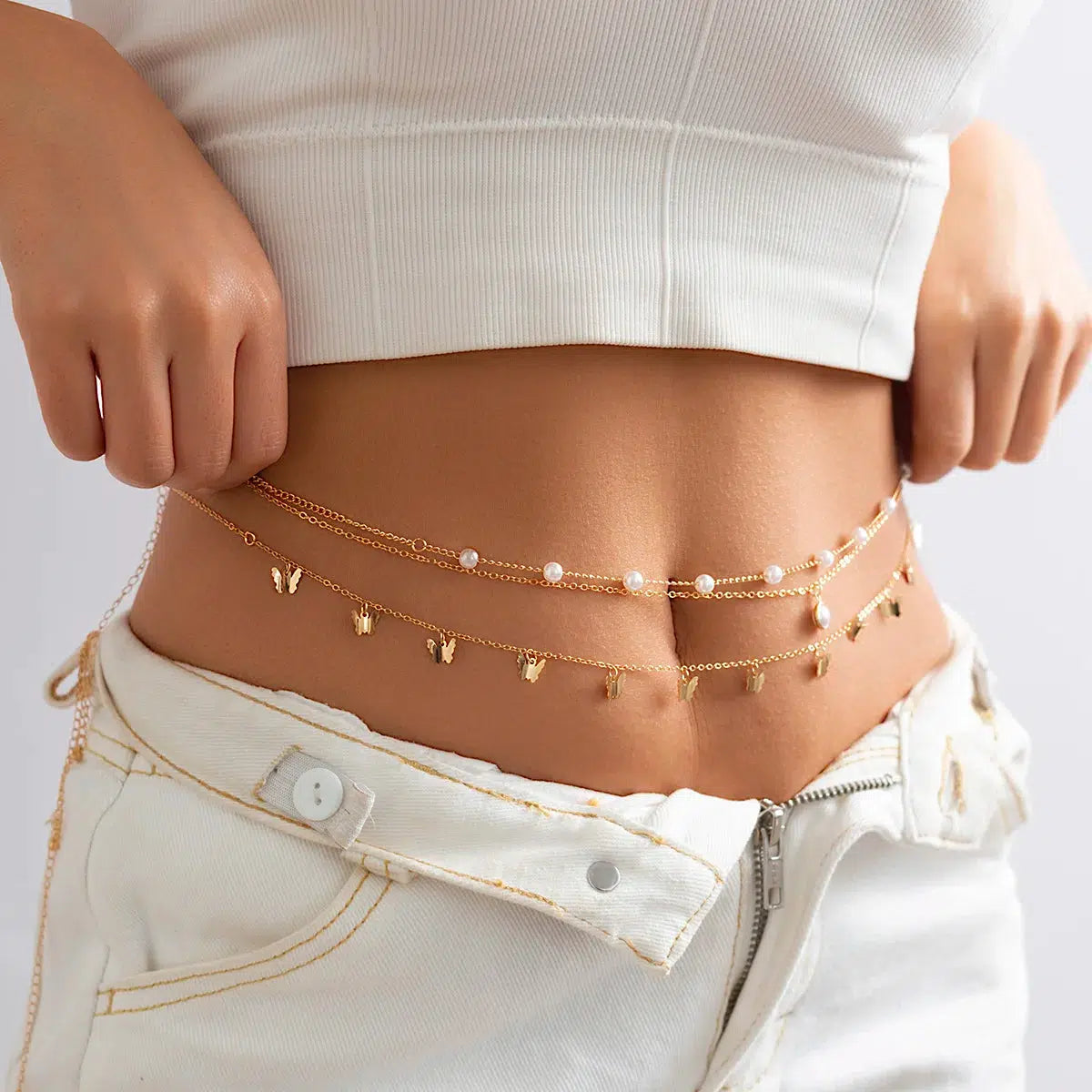 Chic Y2K Butterfly Layered Beaded Belly Chain - Trendy Kawaii Accessory for Stylish Outfits