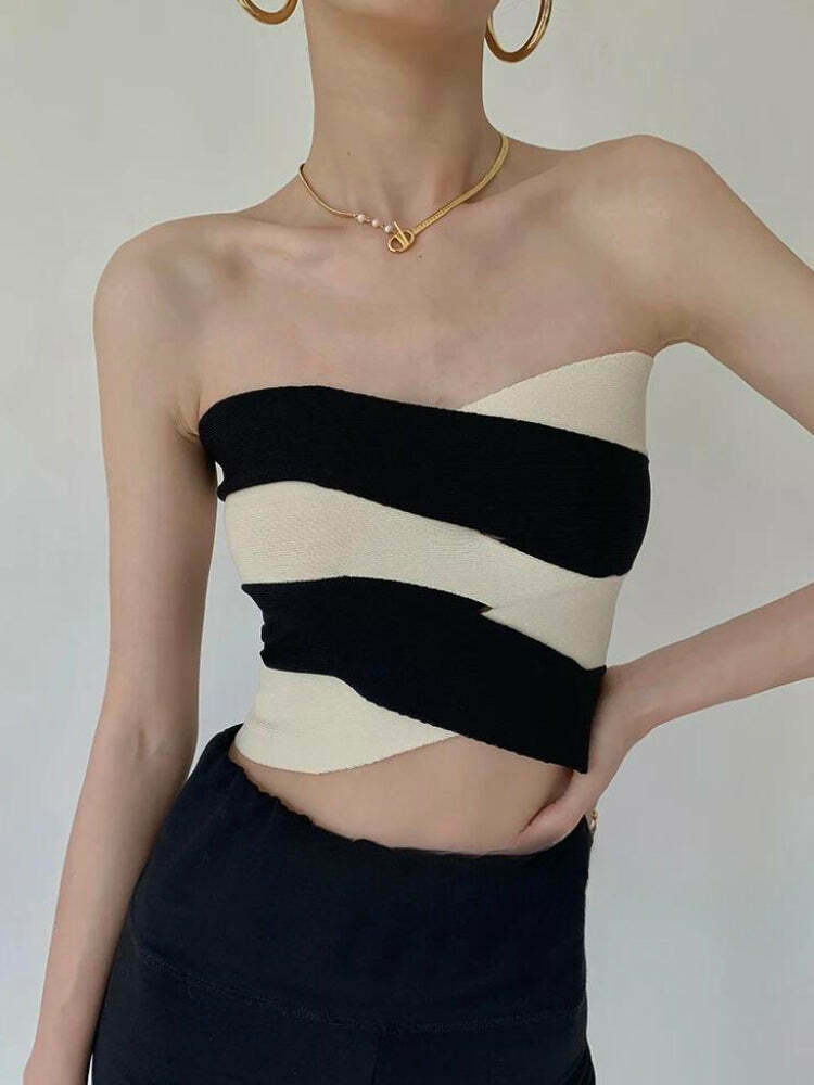 Chic Y2K Contrast Color Tube Top with Bow Tie Detail - Trendy Denim Crop Top for Fashionistas