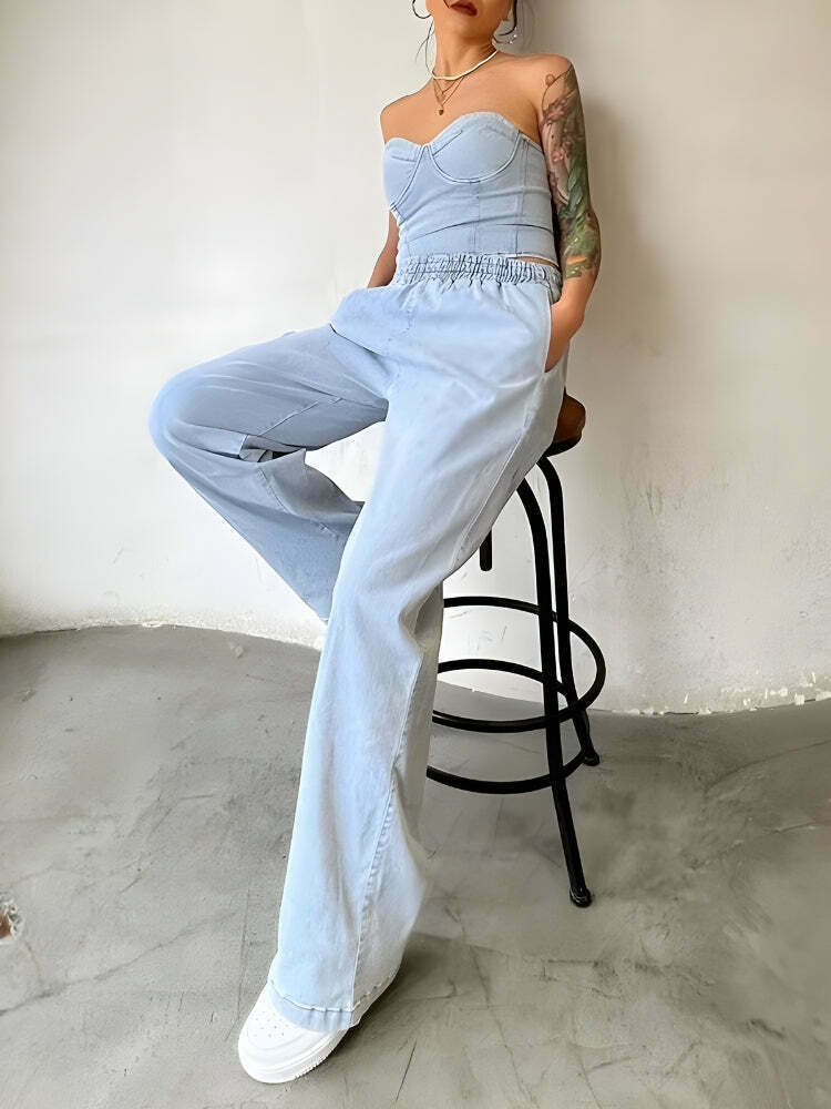 Chic Y2K Denim Top & Pants Two-Piece Set with Vintage Embroidered Details and Flare Style