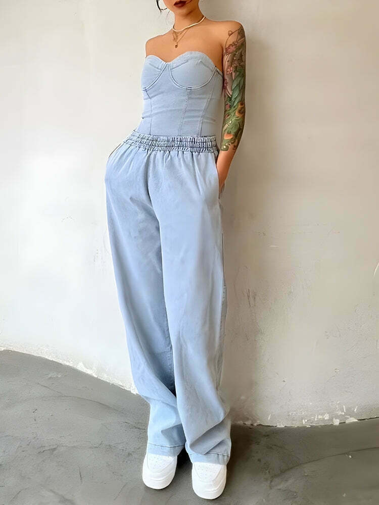 Chic Y2K Denim Top & Pants Two-Piece Set with Vintage Embroidered Details and Flare Style