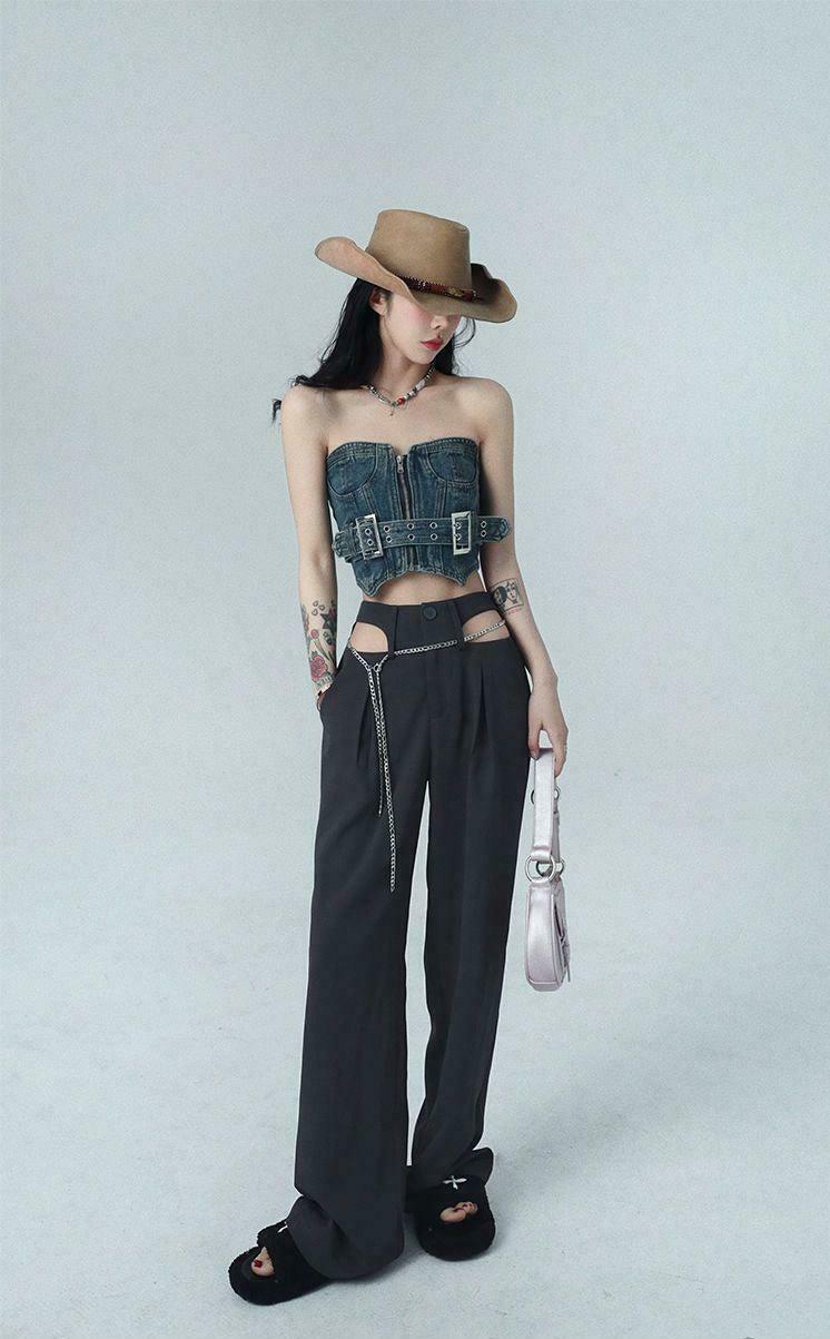 Chic Y2K Denim Tube Top with Bow Tie Detail - Trendy Halter Crop Top for Stylish Outfits