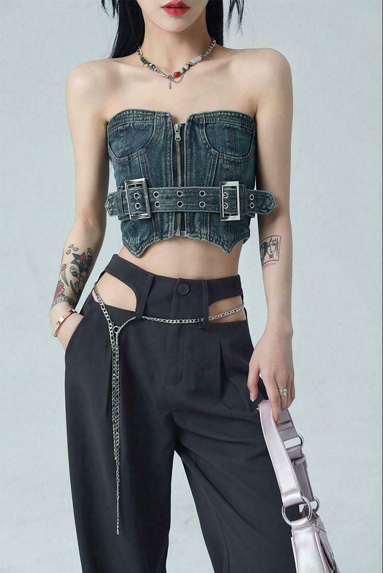 Chic Y2K Denim Tube Top with Bow Tie Detail - Trendy Halter Crop Top for Stylish Outfits