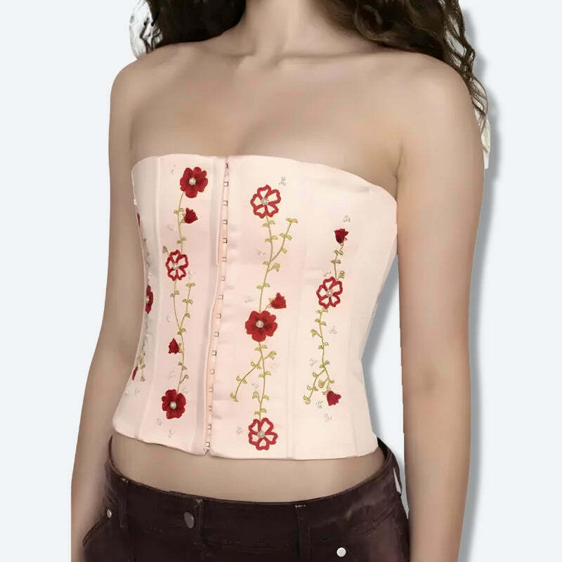 Chic Y2K Embroidered Beaded Corset Top with Bow Tie - Trendy Fairy Denim Crop Top