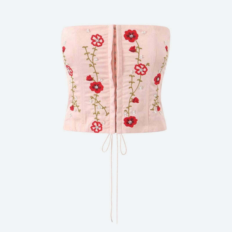 Chic Y2K Embroidered Beaded Corset Top with Bow Tie - Trendy Fairy Denim Crop Top