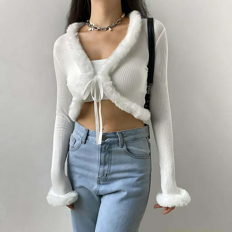 Chic Y2K Faux Fur Corduroy Crop Cardigan - Cute Grunge Style for Trendy Outfits