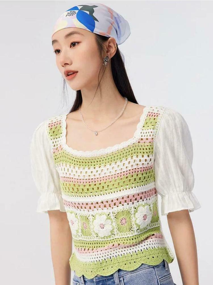 Chic Y2K Floral Hollow Out Knitted Top with Bow Tie Detail - Trendy Crop Top for Stylish Looks