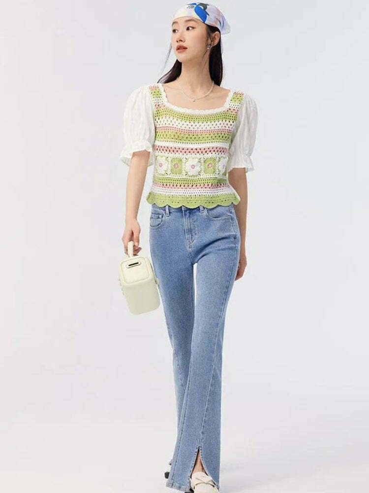 Chic Y2K Floral Hollow Out Knitted Top with Bow Tie Detail - Trendy Crop Top for Stylish Looks