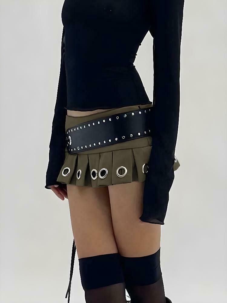 Chic Y2K Grunge Belted Extra Mini Skirt in Khaki - Trendy Pleated Design for Stylish Outfits