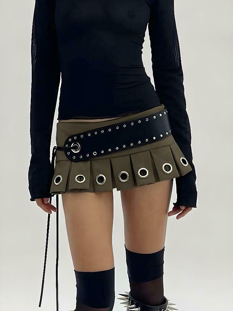 Chic Y2K Grunge Belted Extra Mini Skirt in Khaki - Trendy Pleated Design for Stylish Outfits