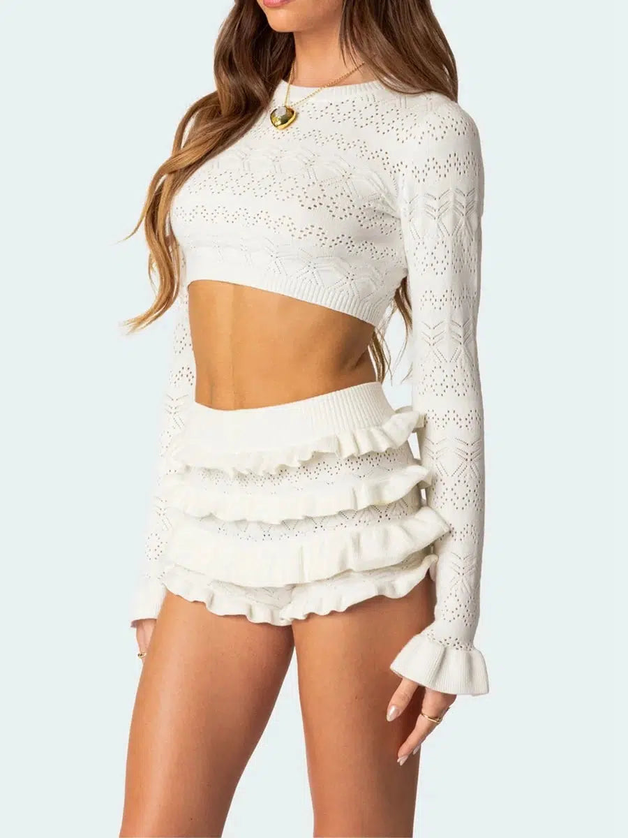 Chic Y2K Knitted Crop Top & Ruffled Shorts Two-Piece Set for Trendy Summer Style