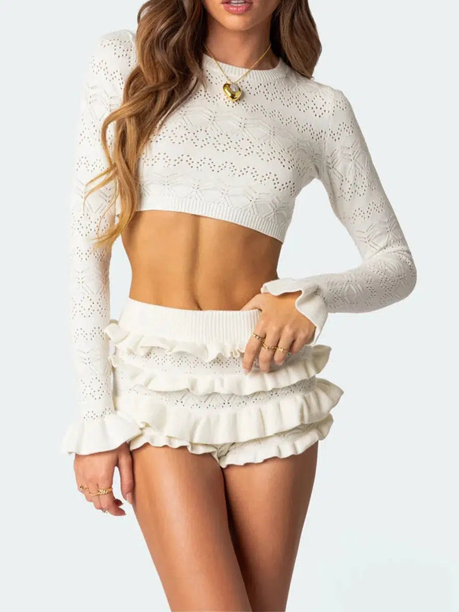 Chic Y2K Knitted Crop Top & Ruffled Shorts Two-Piece Set for Trendy Summer Style