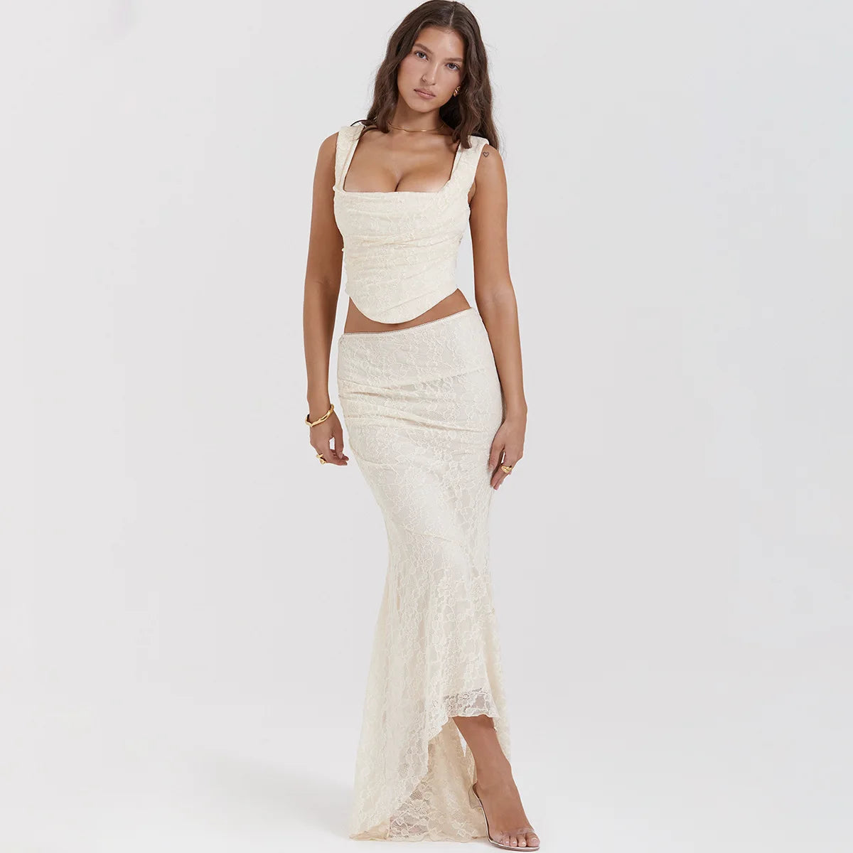 Chic Y2K Lace Corset & Asymmetric Midi Skirt Two-Piece Set for Trendy Fashion Lovers