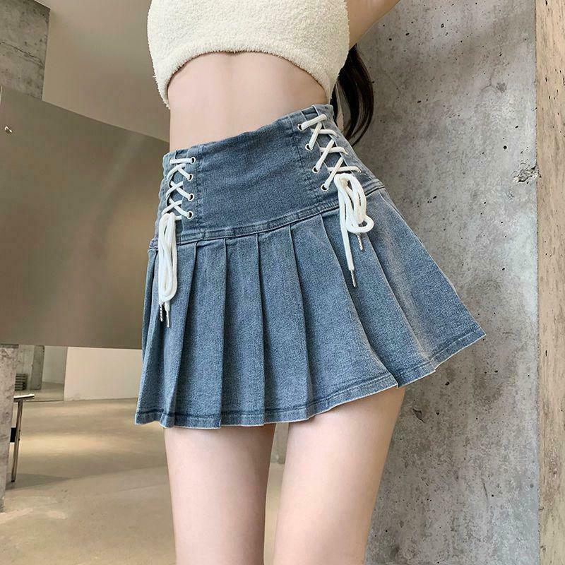 Chic Y2K Lace-Up Denim Mini Skirt in Khaki - Trendy Pleated Design for Stylish Looks