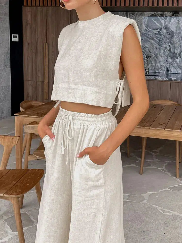 Chic Y2K Linen Lace Up Crop Top & Pants Two Piece Set for Trendy Summer Style