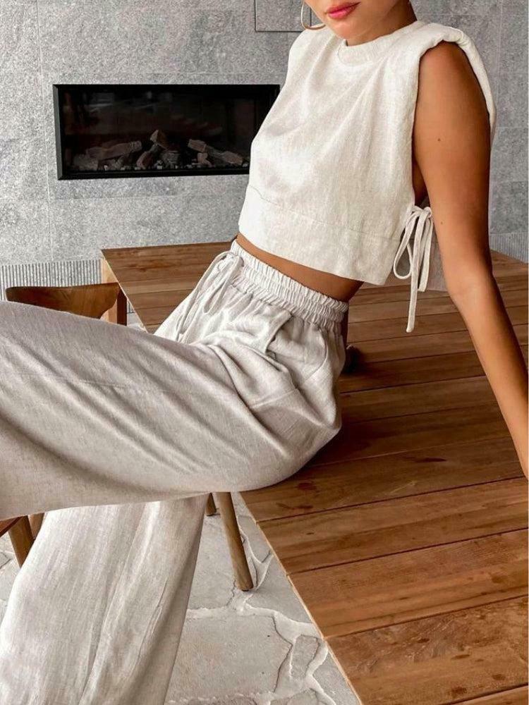 Chic Y2K Linen Lace Up Crop Top & Pants Two Piece Set for Trendy Summer Style