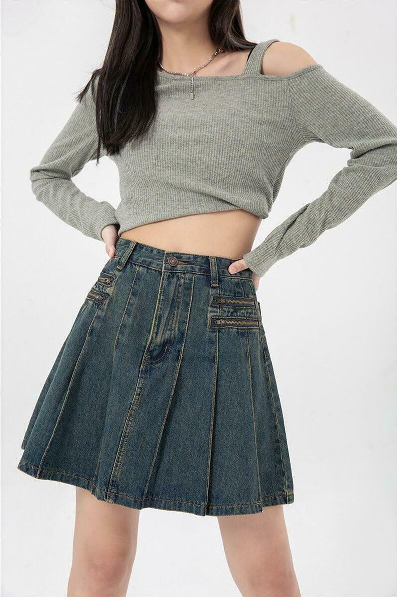 Chic Y2K Pleated Denim Mini Skirt in Khaki - Trendy Cargo Style for Effortless Outfits