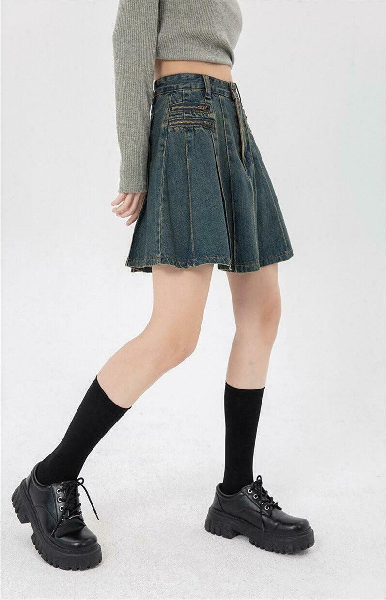 Chic Y2K Pleated Denim Mini Skirt in Khaki - Trendy Cargo Style for Effortless Outfits