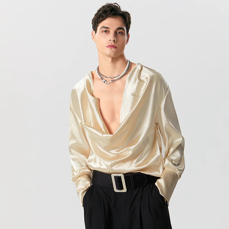 Chic Y2K Satin Cowl Neck Shirt - Aesthetic Style for Trendy Outfits and Everyday Wear