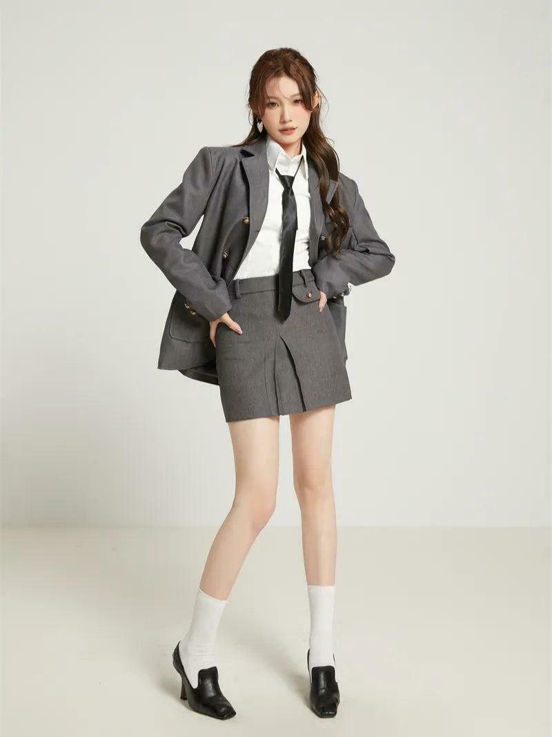 Chic Y2K Three-Piece College Style Skirt, Blazer & Shirt Set for Trendy Fashion Lovers