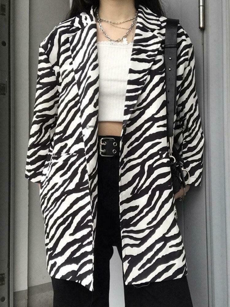 Chic Zebra Print Long Blazer with Floral Embroidery - Trendy Y2K Fashion Statement Piece