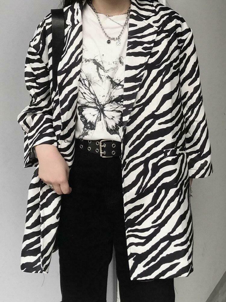 Chic Zebra Print Long Blazer with Floral Embroidery - Trendy Y2K Fashion Statement Piece