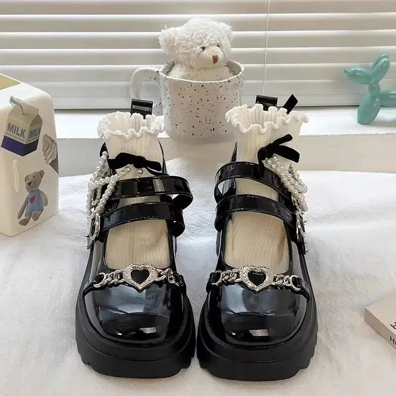 Chunky Black and White Platform Mary Jane Shoes - Y2K Fashion Tabi Style with Emo Vibes