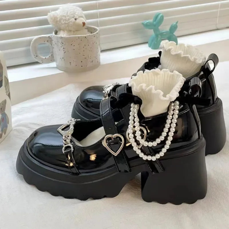 Chunky Black and White Platform Mary Jane Shoes - Y2K Fashion Tabi Style with Emo Vibes