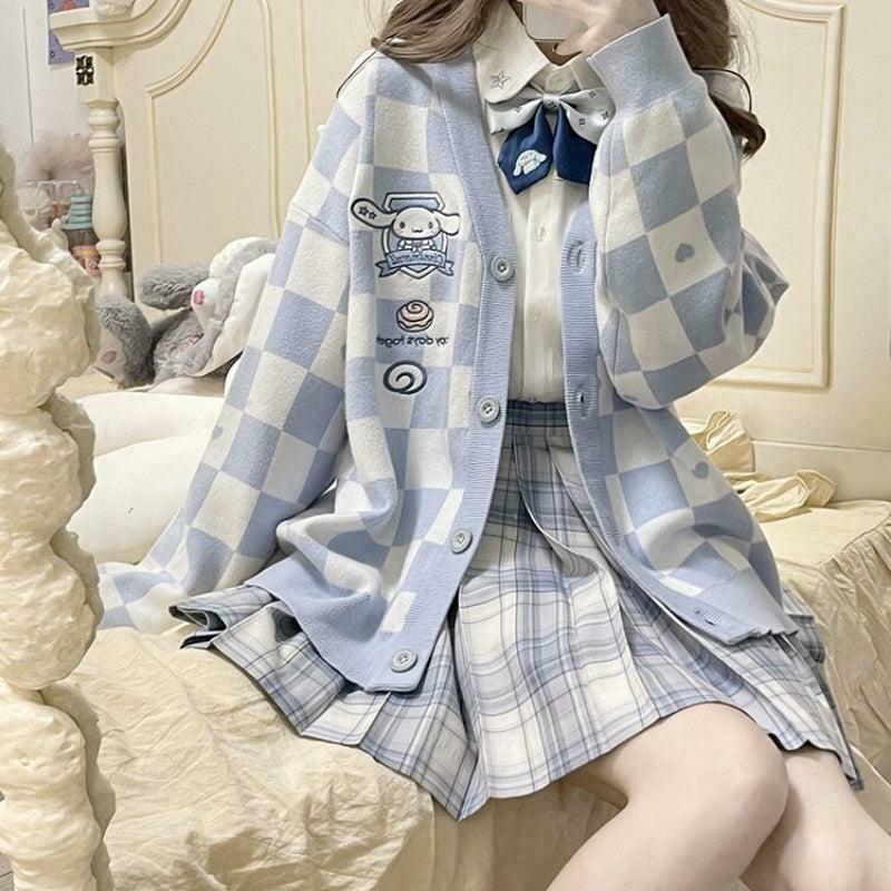 Cinnamoroll Blue Floral Cardigan - Y2K Grunge Style Coquette Letterman Sweater