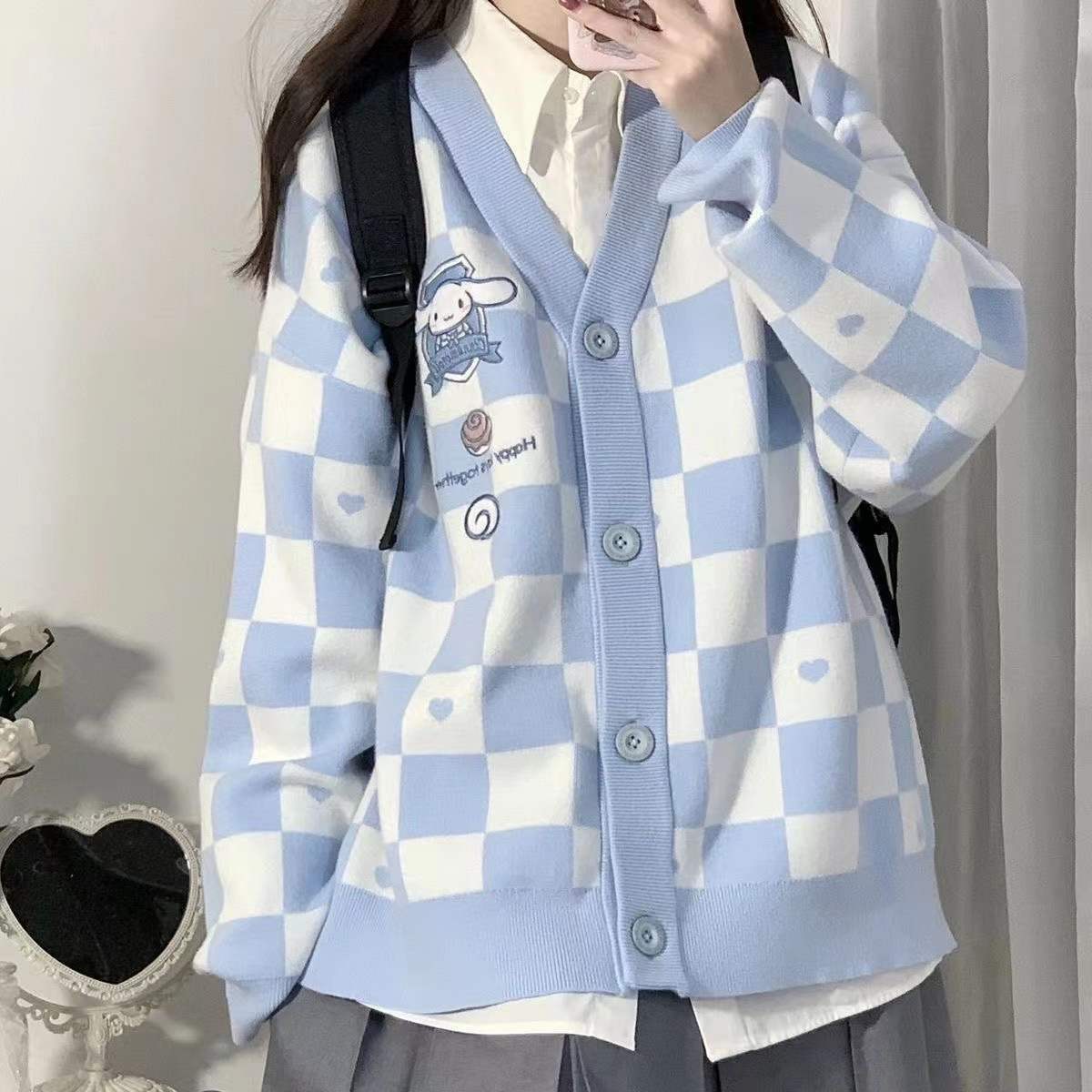 Cinnamoroll Blue Floral Cardigan - Y2K Grunge Style Coquette Letterman Sweater