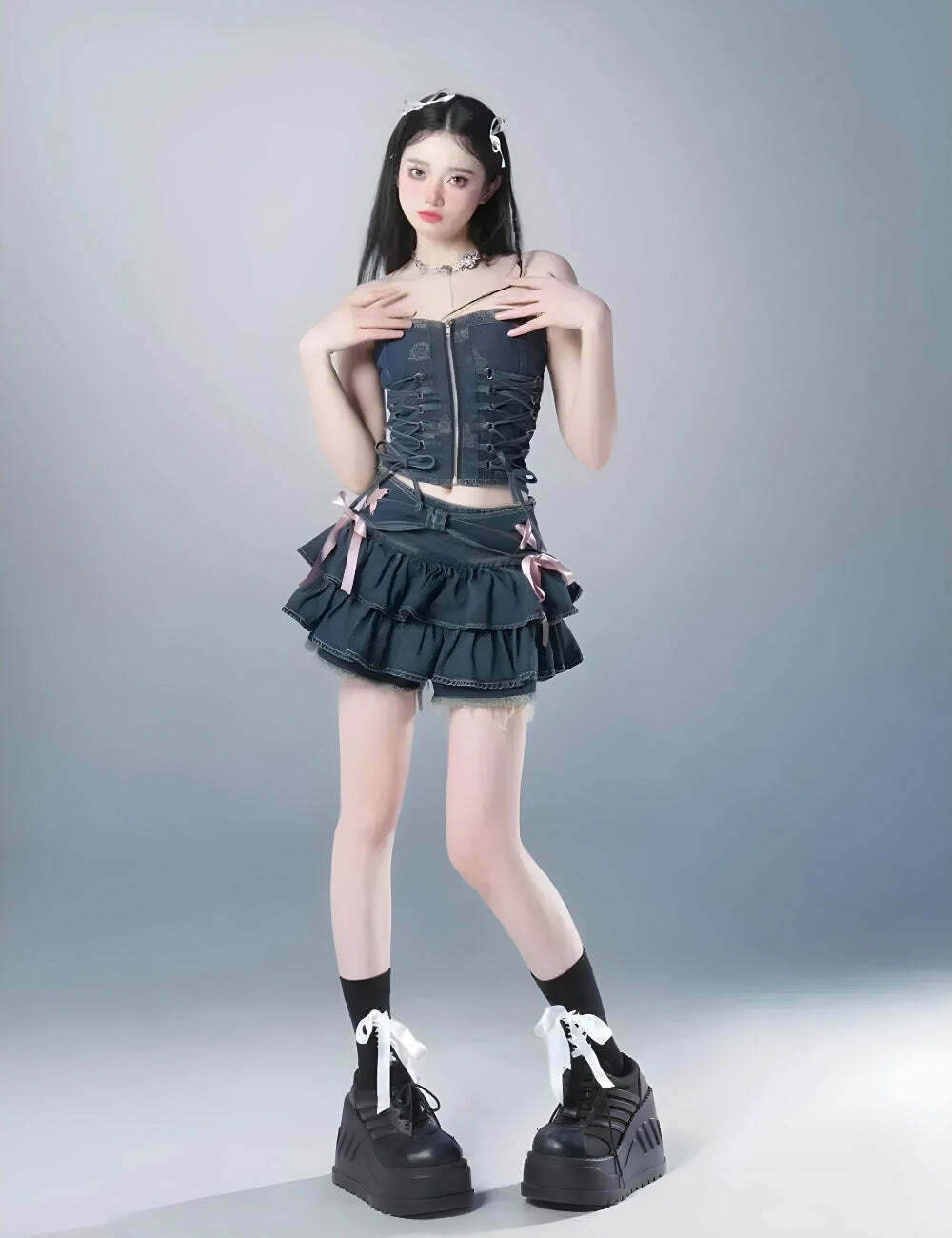 Coquette Low Rise Denim Mini Skort - Vintage Y2K Style Pleated Jean Skirt for Trendy Looks