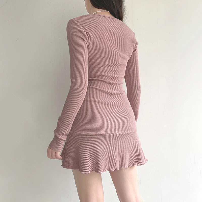 Coquette Pink Mini Dress - Y2K Style Long Sleeve Bodycon with Chic Plaid Design