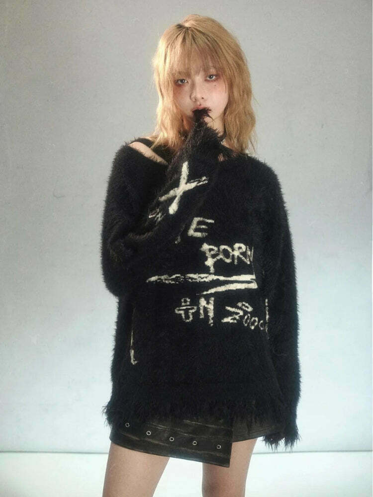 Cozy Grunge Fluffy Knitted Skeleton Sweater - Aesthetic Y2K Style with Unique Embroidery