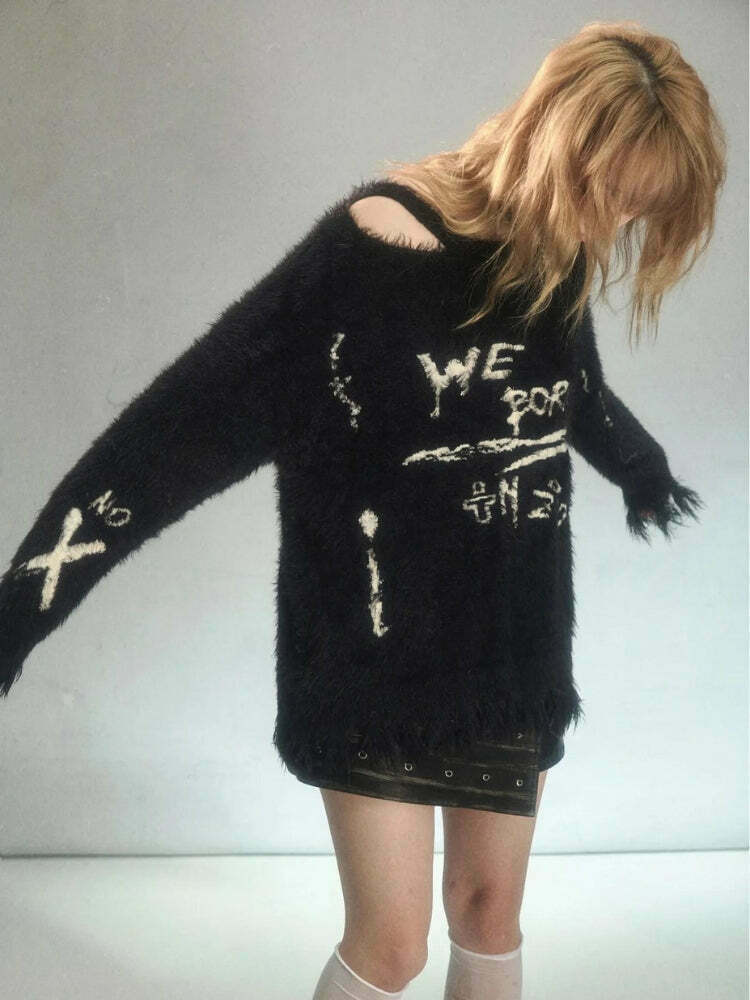 Cozy Grunge Fluffy Knitted Skeleton Sweater - Aesthetic Y2K Style with Unique Embroidery