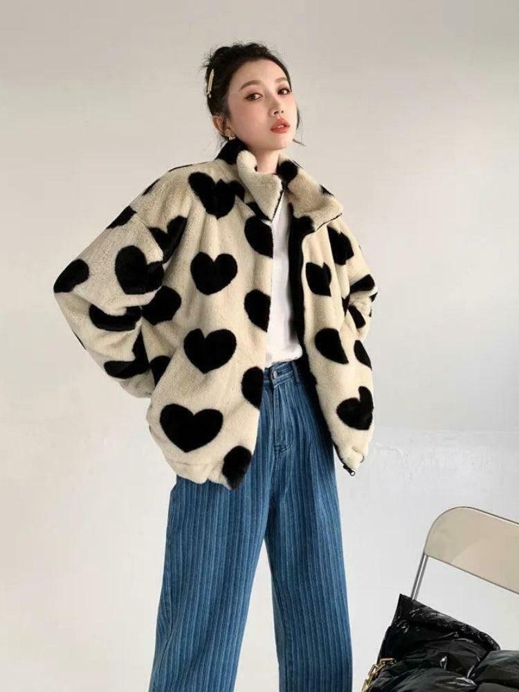 Cozy Heart Pattern Teddy Jacket - Trendy Y2K Style Color Block Baggy Varsity Jacket