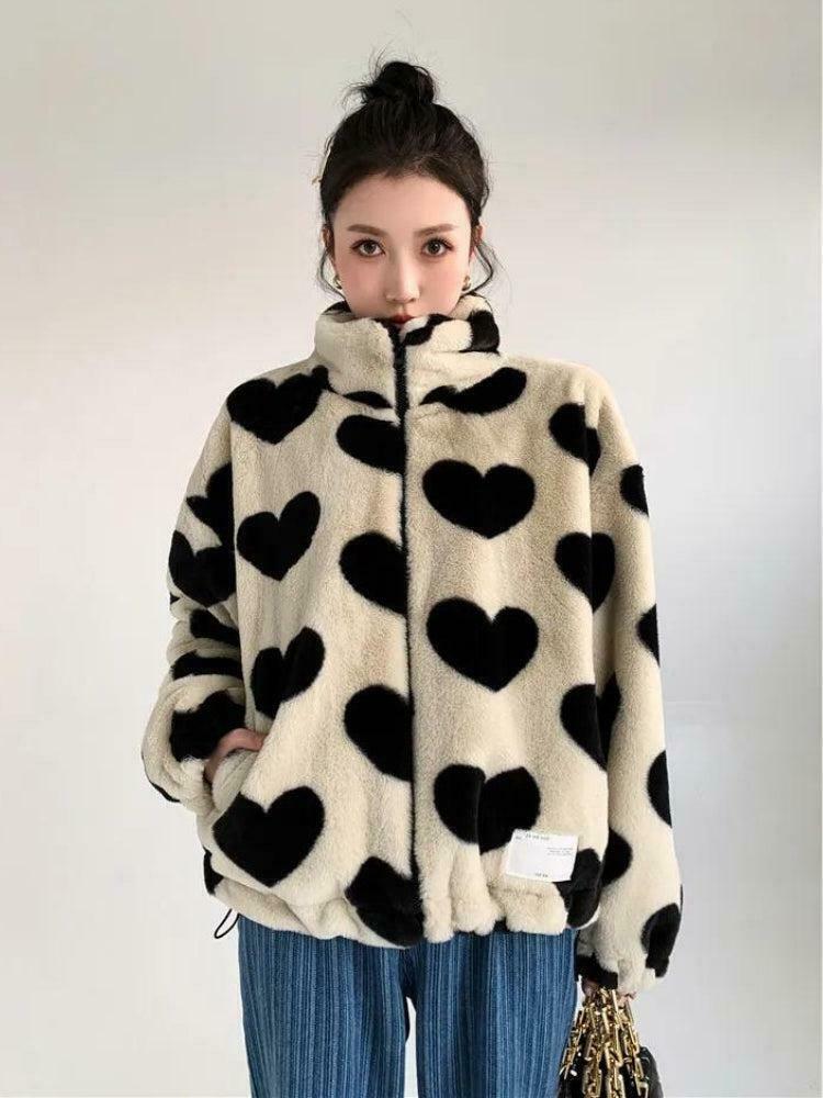 Cozy Heart Pattern Teddy Jacket - Trendy Y2K Style Color Block Baggy Varsity Jacket