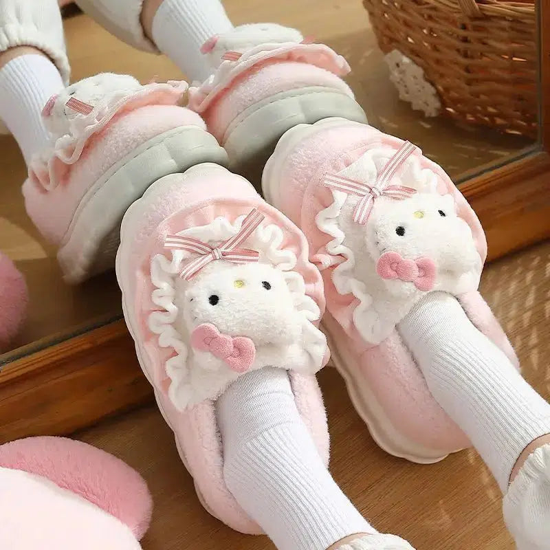 Cozy Hello Kitty Slippers with Adorable Red Teddy Bear Design - Y2K Fashion Essential