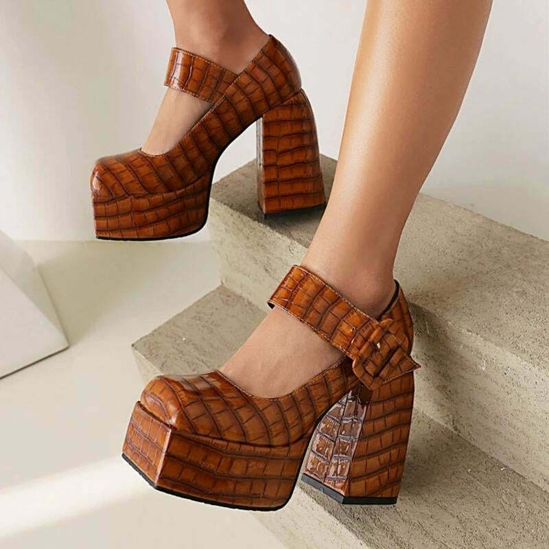 Crocodile Square Toe Platform High Heels - Y2K Aesthetic Baddie Style with Bold Design