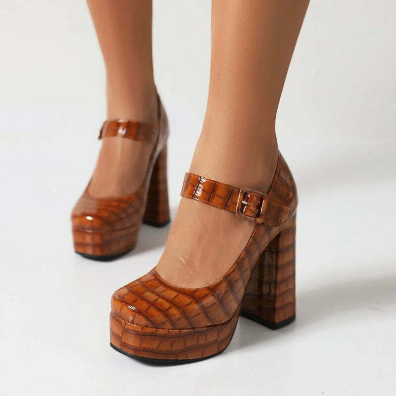 Crocodile Square Toe Platform High Heels - Y2K Aesthetic Baddie Style with Bold Design