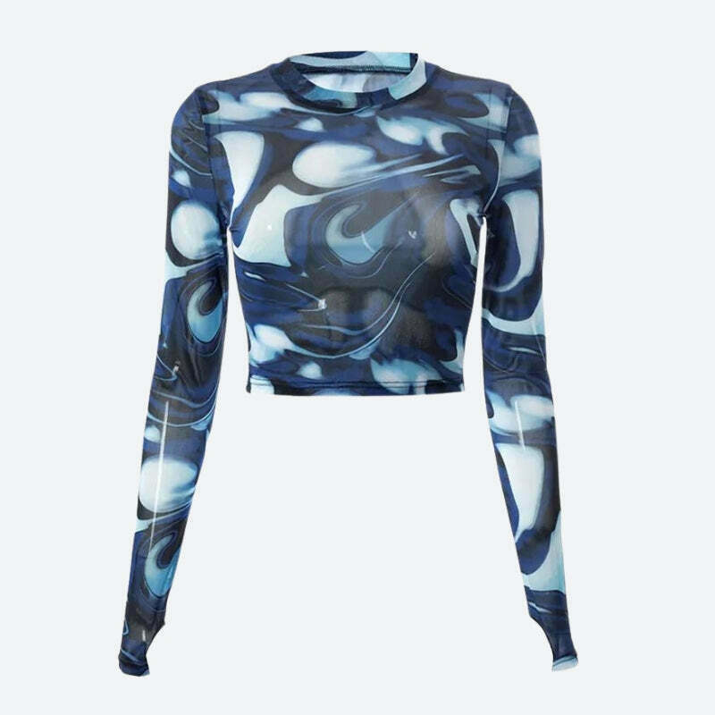 Cyberpunk Blue Aura Sheer Top - Y2K Fairy Crop Top with Bow Tie Detail for Trendy Outfits