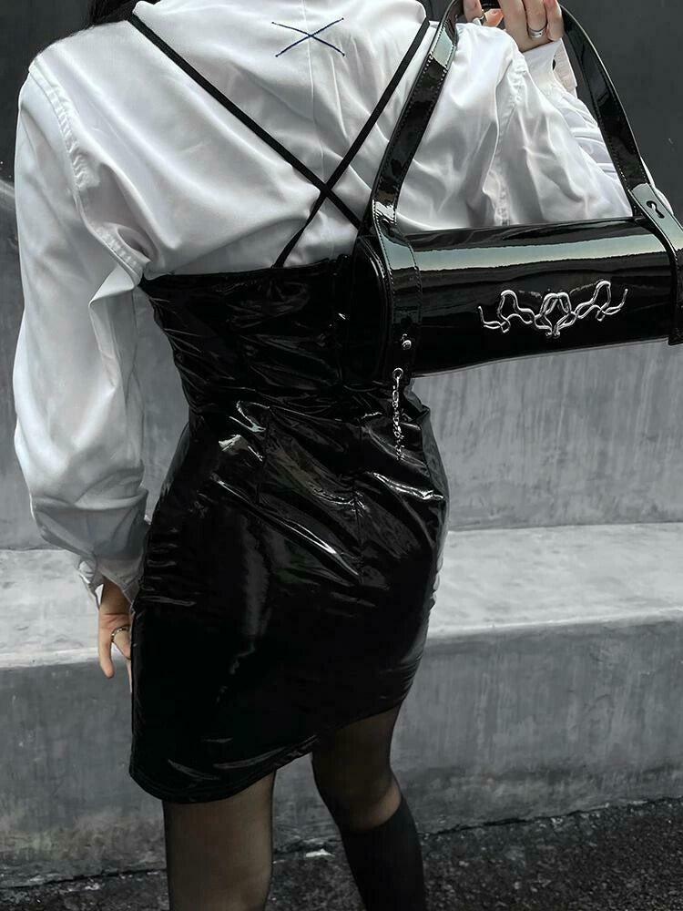 Cyberpunk Faux Patent Leather Mini Dress - Y2K Style Bodycon with Edgy Appeal