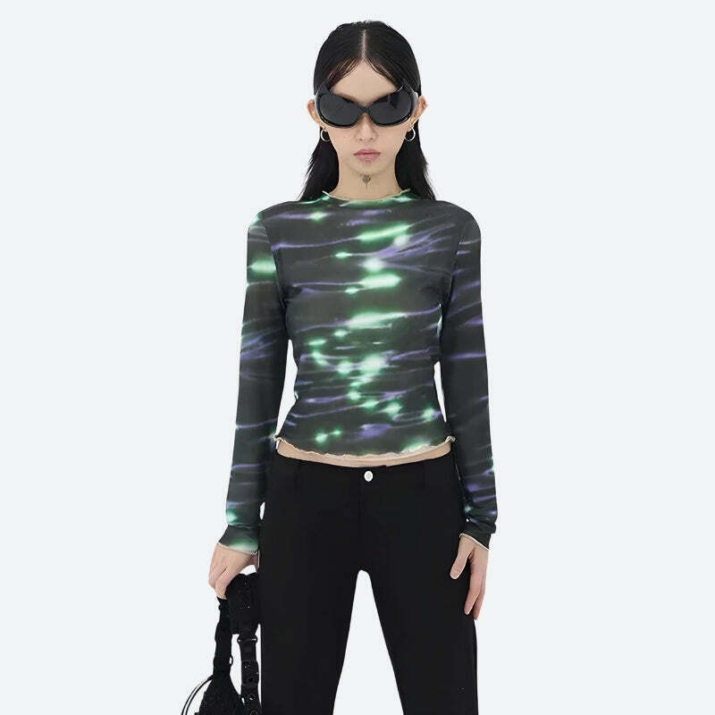 Cyberpunk Green Lights Mesh Top - Y2K Fairy Crop Top with Bow Tie and Denim Accents