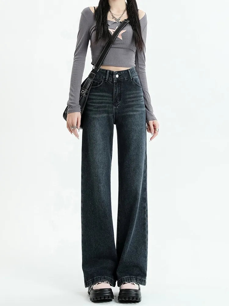 Dark Wash Straight Leg Denim Jeans for Trendy Y2K Style - Comfortable & Versatile Fit