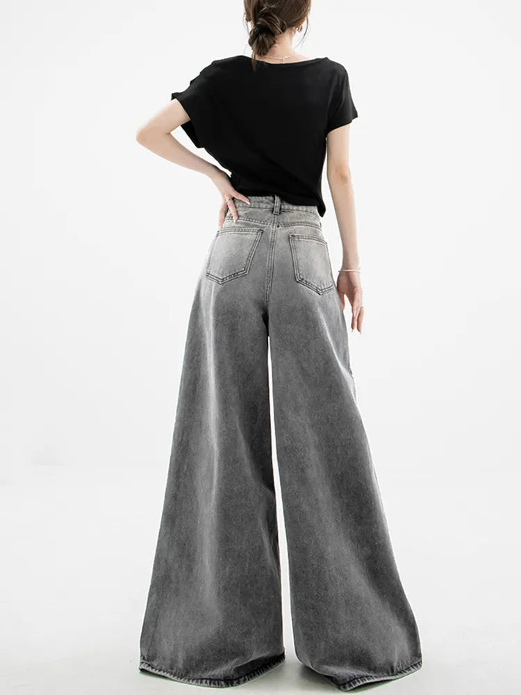 Dark Wash Wide Leg Jeans for Trendy Y2K Style - Baggy Fit with Buckles and Checkered Design