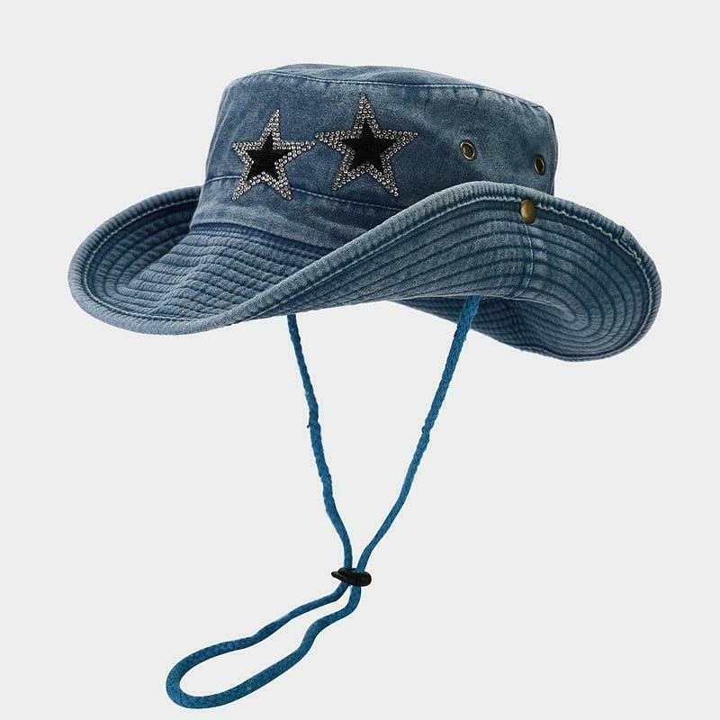 Disco Cowgirl Star Printed Denim Hat - Trendy Y2K Denim Hat for Stylish Looks