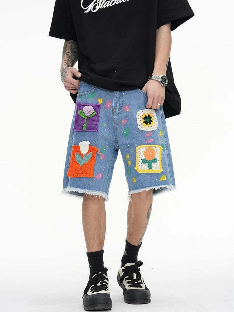 Embroidered Flower Patch Denim Shorts - Vintage Y2K Style with Rhinestone Accents