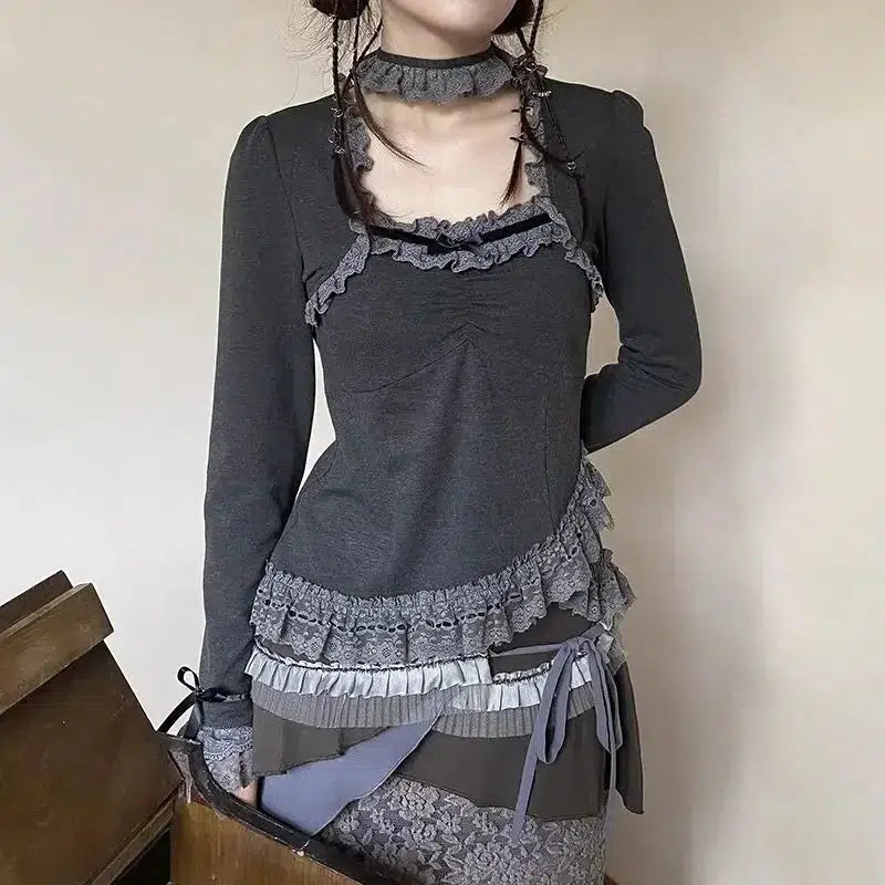 Fairy Grunge Asymmetric Lace Top - Y2K Crop Top with Bow Tie and Denim Tube Style