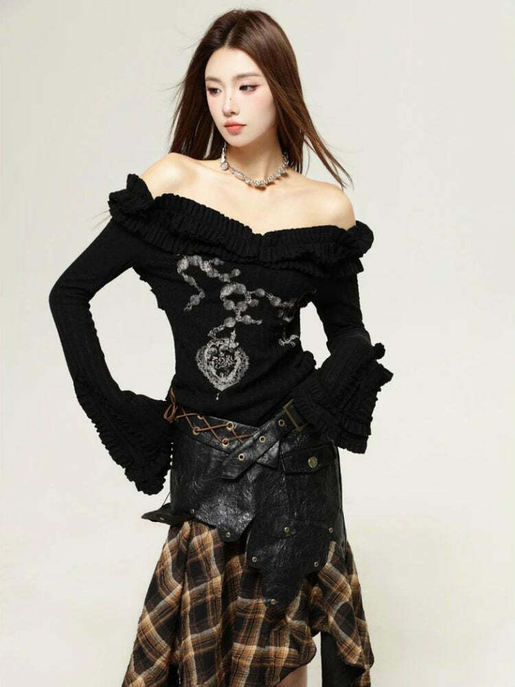 Fairy Grunge Cut-Out Shoulder Top - Y2K Style Bow Tie Crop Top with Denim Tube Design