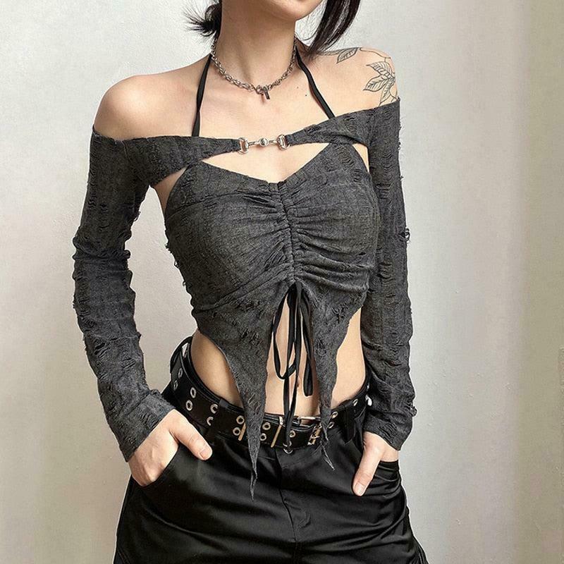 Fairy Grunge Detachable Sleeve Halter Top - Y2K Denim Crop Top with Bow Tie Detail