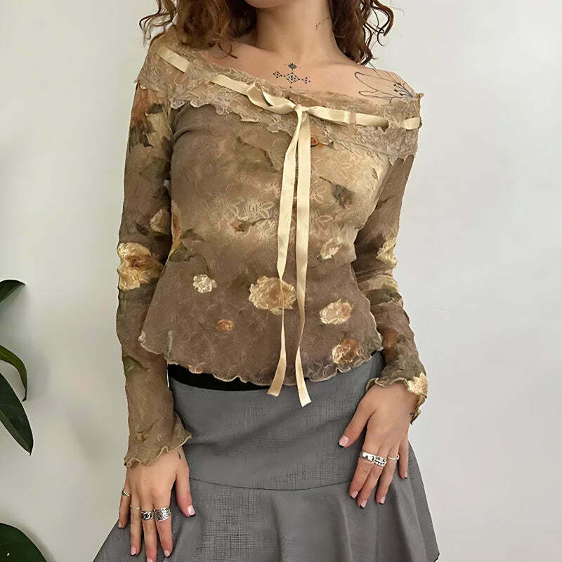 Fairy Grunge Floral Off Shoulder Lace Top - Vintage Y2K Crop Top with Bow Tie Detail