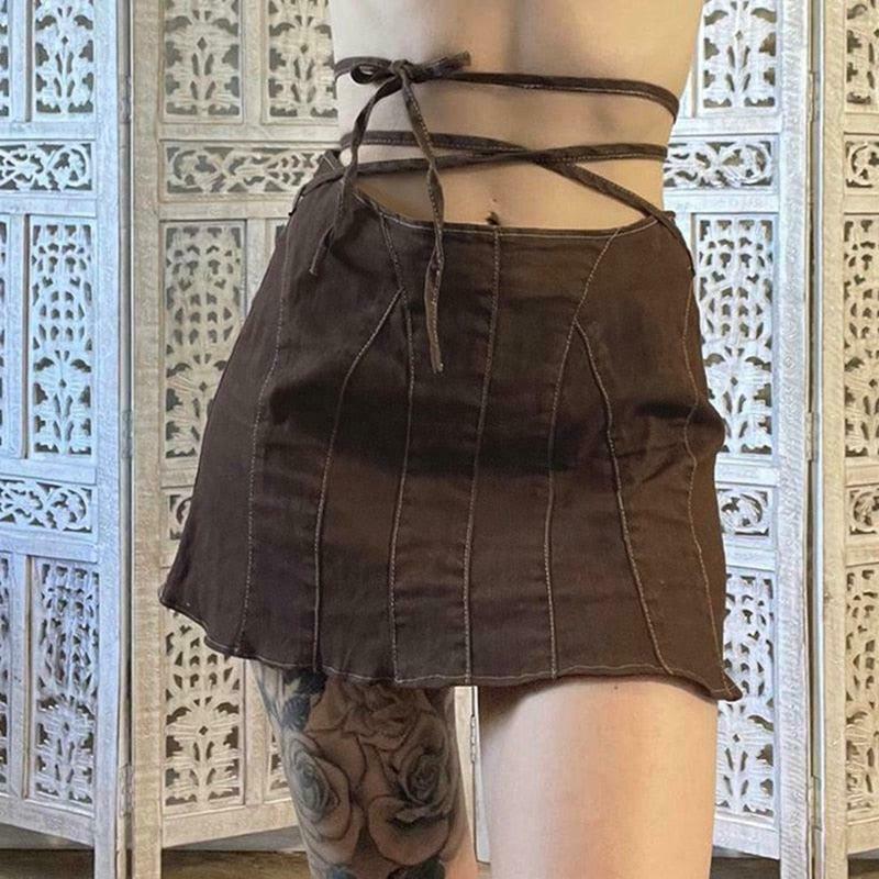 Fairy Grunge Lace Up Mini Skort - Y2K Fashion Boho Style with Chic Layered Design